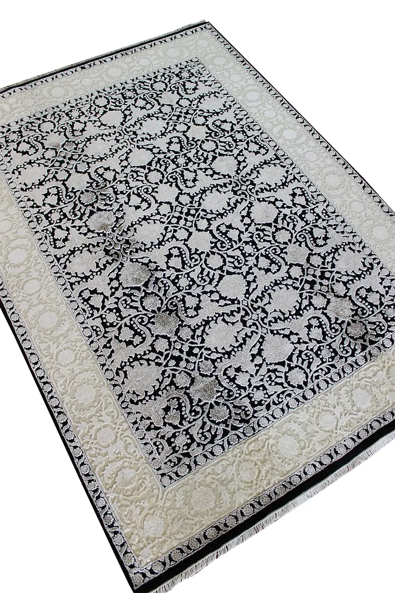 El Dokuma Siyah Uşak Desenli Yün Halı