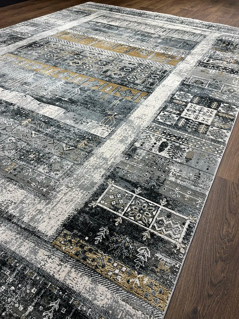 Craft Serisi Etnik Desen Gri Bambu Özel Tezgah Halısı