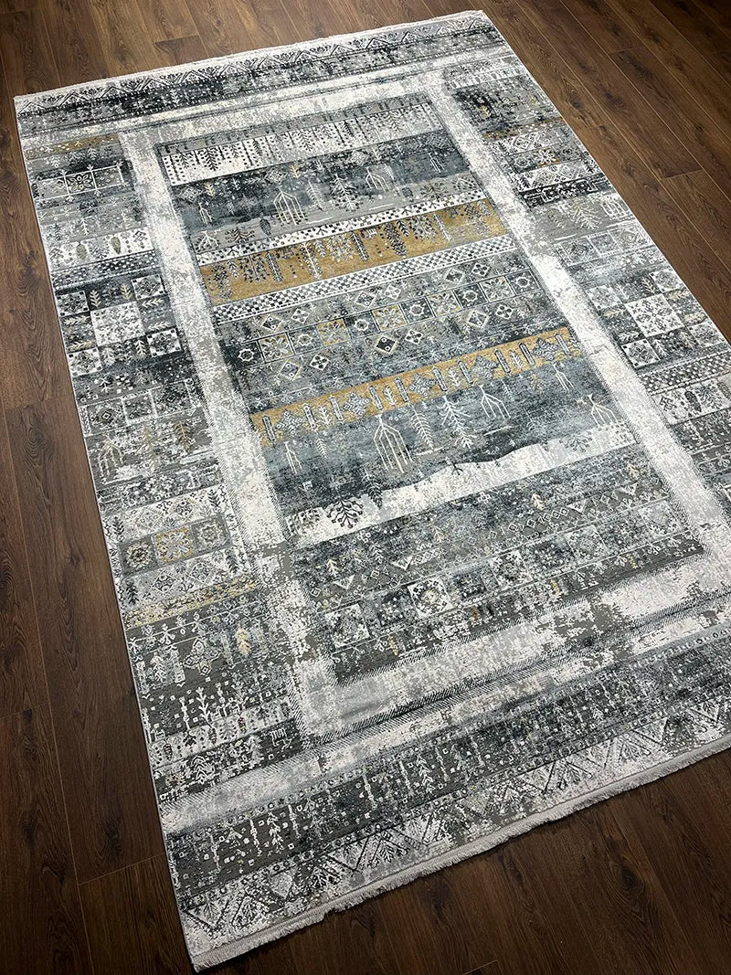 Craft Serisi Etnik Desen Gri Bambu Özel Tezgah Halısı